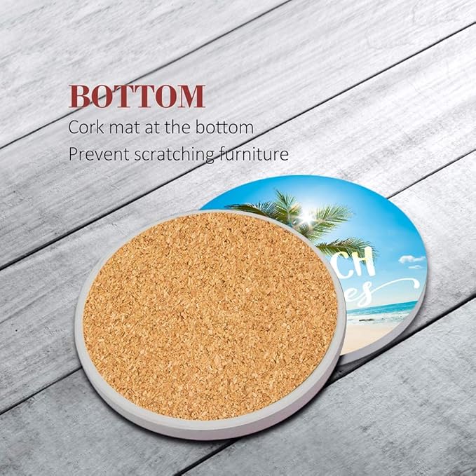 Britimes Coaster for Drinks Set of 6, Tropical Beach Landscape Caribbean Absorbent Round Ceramic Stone Mat, with Cork Base and Metal Holder, Gift for Housewarming Room Bar Decor