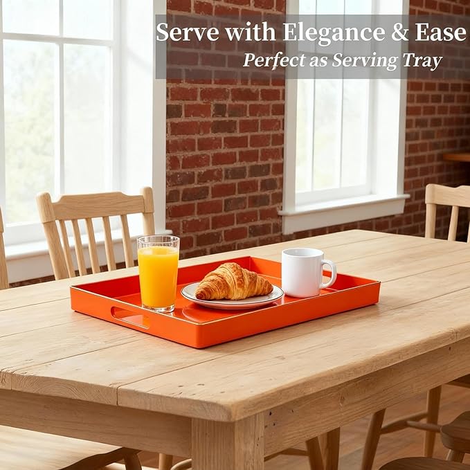 Zosenley Decorative Tray, Rectangular Plastic Tray with Handles, Modern Vanity Tray and Serving Tray for Bathroom, Kitchen, Ottoman and Coffee Table, 15.6” x 10.2” (Orange)