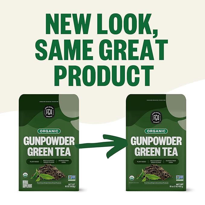 FGO Organic Gunpowder Green Tea, Loose Leaf, 16oz Bulk Resealable Bag, Packaging May Vary (Pack of 1)