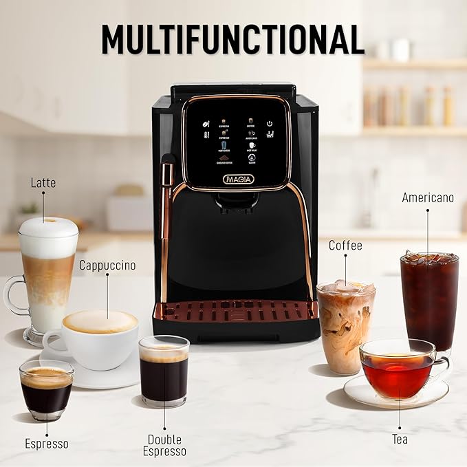 Zulay Kitchen Magia Clasica Automatic Espresso Machine with Built-In Grinder, Touch Panel Coffee Maker, Steam Wand Milk Frother, Adjustable Strength, Self-Cleaning, Black & Copper