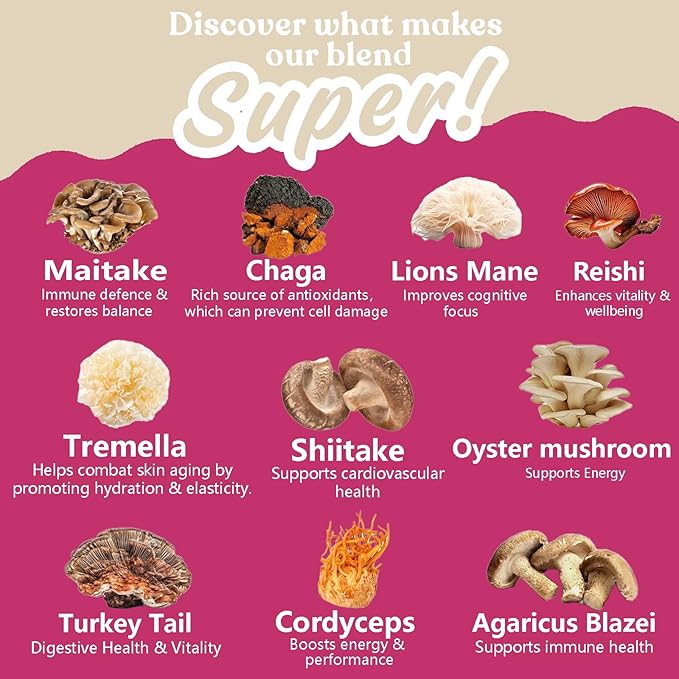 Mushroom Coffee with Collagen, 10 Mushroom Extract Powder Blend Lion's Mane, Brain Supplements with Instant Coffee for Energy, Focus, Skin and Immunity 150g 30 Serving