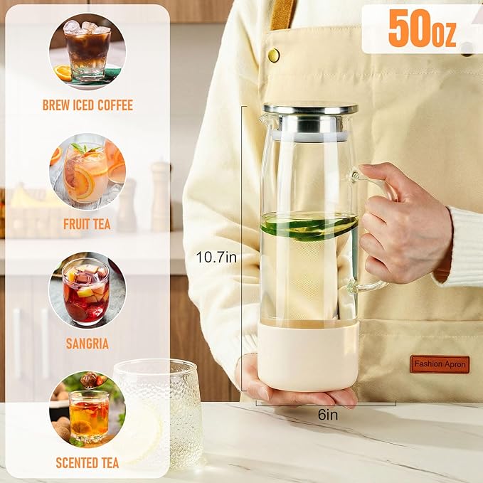 Glass Pitcher with Lid and Handle 50oz/ 1.5L, Hot& Cold Glass Water Pitcher with Silicone Base, Glass Carafe with Lid for Coffee, Juice, Lemonade and Milk