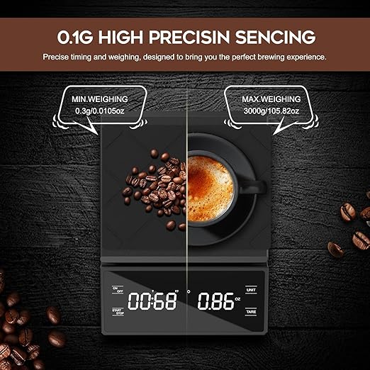 Coffee Scale with Timer, 0.1g High Precision Kitchen Scale Pour Over Drip Espresso Scale with LED Display, Manual&Automatic Timing with Type-C Charging Cable Touch Sensor and Silicone Cover