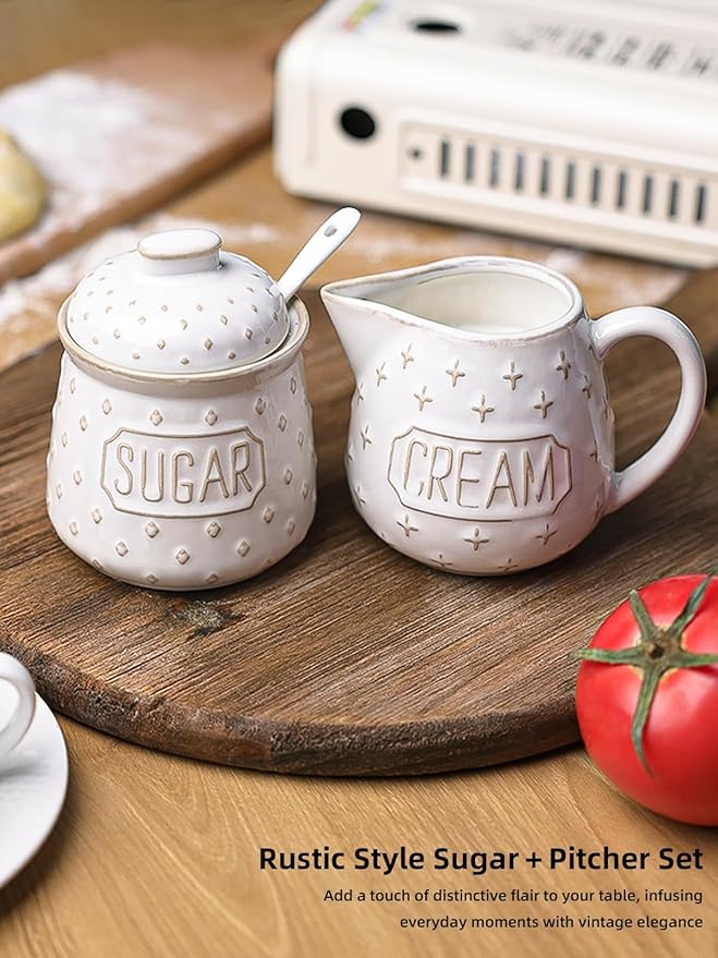 GDCZ Ceramic Sugar and Creamer Set, Coffee Serving Set, Sugar Bowl with Spoon and Cream Pitcher, Milk Creamer and Sugar Container (White)
