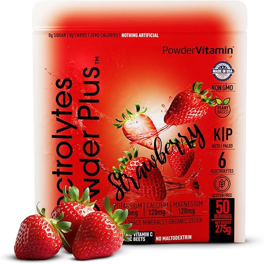 PowderVitamin Electrolytes Powder Plus Keto, Strawberry (50 Servings) 0 Sugar, No Maltodextrin,1000mg Potassium,120mg Calcium,120mg Magnesium,Organic Vitamin C,Zero Calories, Energy Hydration Powder