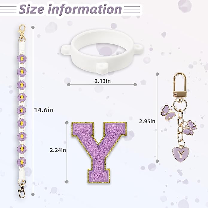 Compatible with Owala Water Bottle Accessories, Cute Letter Charm Set with Boho Handle Strap, Monogram Sticker, Silicone Ring, Keychain Decoration, for FreeSip 24 32 40oz, Owala Kids, Tumbler Gift