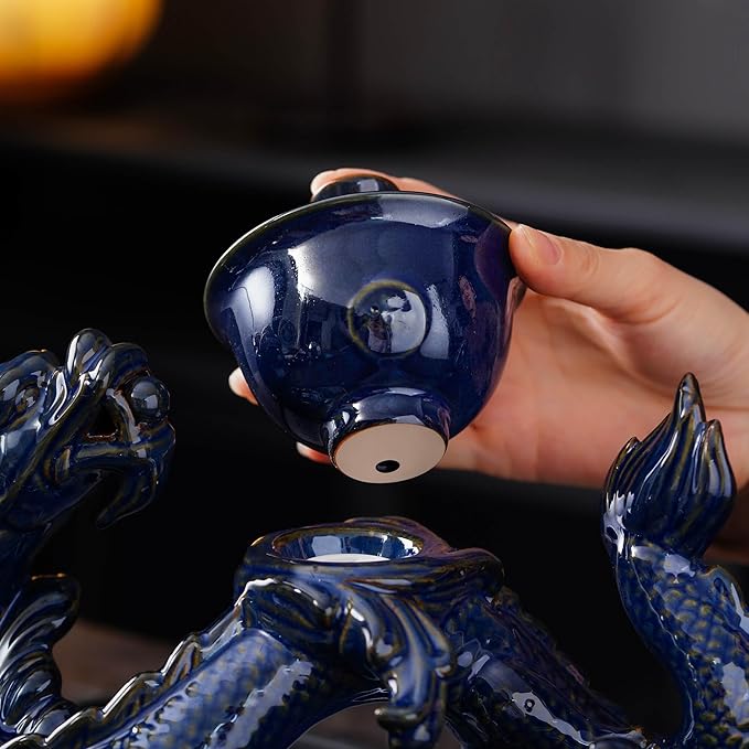Semi Automatic Tea Set Ceramic Teapot with Infuser Magic Teapot with 8 cups (dark blue dragon-a)