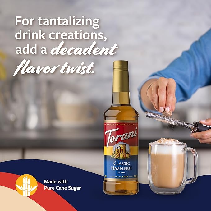 Torani Classic Hazelnut Syrup for Drinks & Desserts, Pump Included, 25.4 Fl Oz