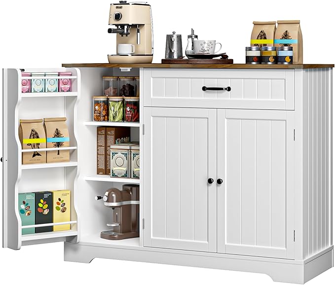 Gizoon Kitchen Coffee Bar Cabinet with Storage Kitchen Sideboard Buffet Cabinet with Drawers, Short Pantry with Door and Shelves for Bathroom and Living Room, White and Rustic