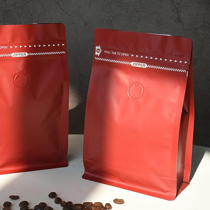 50 Count 12oz Red Coffee Bags with Aluminum Foil Liner, High Barrier Coffee Pouches with Degassing Valve, Ziplock Food Storage Bags with Pull Tape, Pack of 50, 12oz/0.75lb/340gram