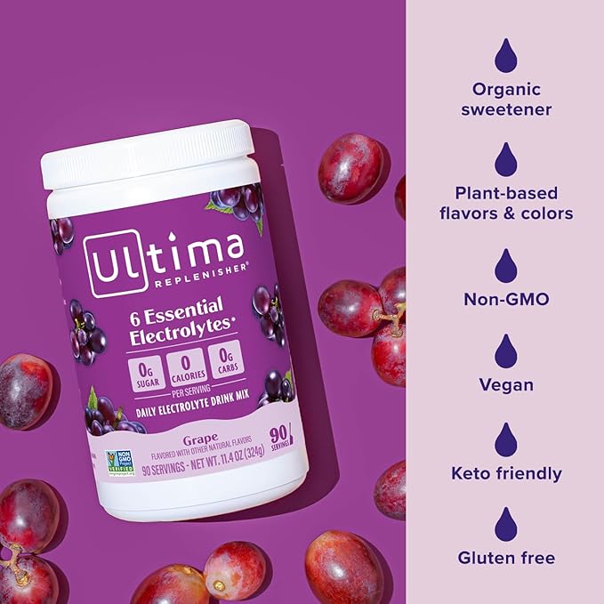 Ultima Replenisher Daily Electrolyte Powder Drink Mix – Sugar Free – Grape, 90 Servings – Hydration Powder with 6 Key Electrolytes and Trace Minerals – Keto Friendly, Vegan, Non-GMO