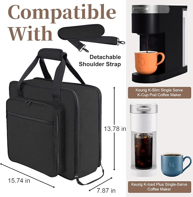 Portable Carrying Coffee Maker Travel Bag Match for Keurig K-Slim//K-Iced Plus, Single Serve Coffee Machine Travel Bag with Padded Shoulder Straps Includes Multiple Storage Bags, Black