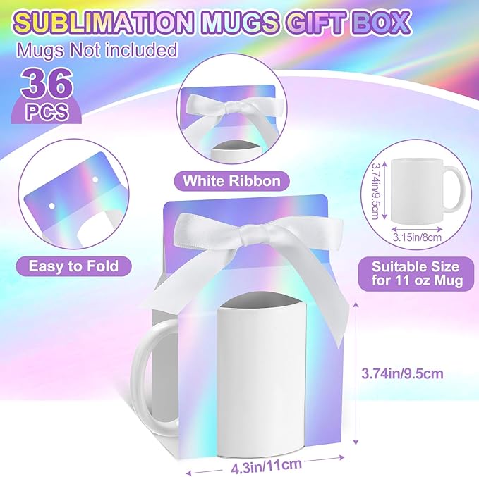Kosiz 36 Pcs Mug Boxes Sublimation Coffee Mugs Gift Bags with Window Packaging Storage Box for Shipping Selling Wedding Valentines Gift Packaging Wrapping (for 11oz Mug,Bright Color)