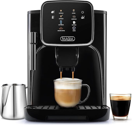 Zulay Kitchen Magia Clasica Automatic Espresso Machine with Built-In Grinder, Touch Panel Coffee Maker, Steam Wand Milk Frother, Adjustable Strength, Self-Cleaning, Black