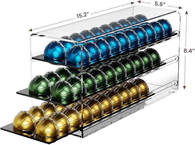 Acrylic Coffee Pod Drawer for Nespresso Vertuo Capsules, 3 Tier 60 Capacity Pods Organizer for Countertop Coffee Bar Home Office Kitchen