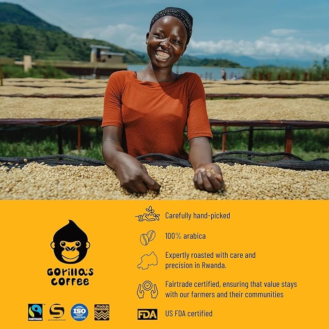 Gorilla's Coffee 100% Arabica - Dark Roast Ground Coffee, Fair Trade, Full Bodied, Bold, with a Touch of Smokiness | Premium Rwandan Coffee | Rich, Flavorful, and Aromatic (500g/17.6 oz)