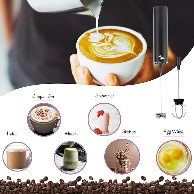 Rechargeable Milk Frother | Drink Mixer | Coffee Frother Handheld with USB-C Charging, stainless steel body, foam, stirrer for Milk, Coffee, matcha, cappuccino, latte, egg [BLACK]