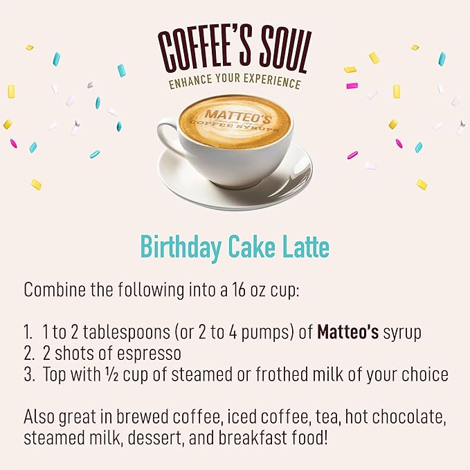 Matteo's Birthday Cake Syrup for Coffee, Lattes, Cappuccinos & Desserts – Sugar-Free Sweetener for Beverages, Keto Friendly, Zero Calories, Indulgent Flavor, Non-Alcoholic, 33.8oz (6pk)