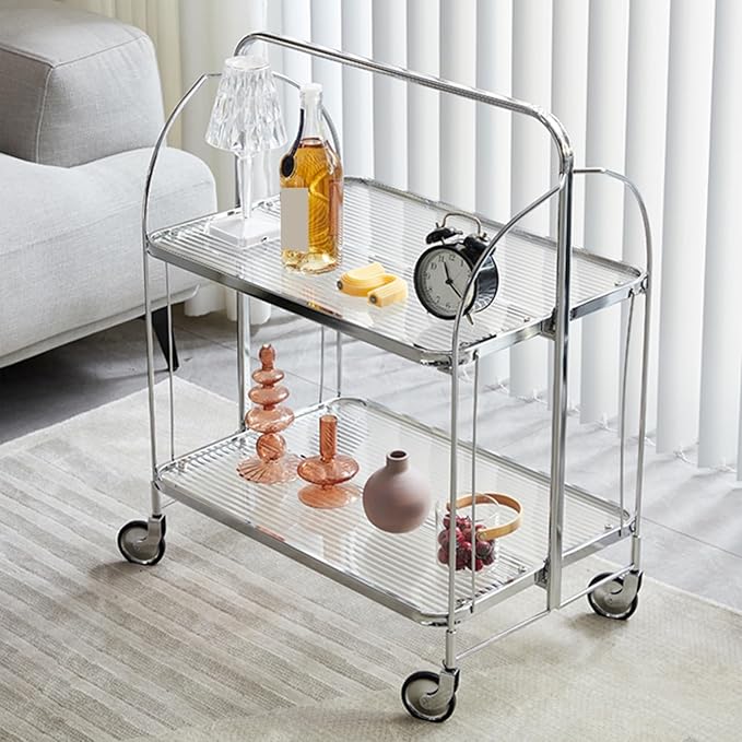 Folding End Table Side Table Glass Movable Coffee Station Table, Metal Coffee Bar Stand Cart with Storage Coffee Table on Wheels,for Home Kitchen, Entryway, Living Room,Dining Room(Silver)