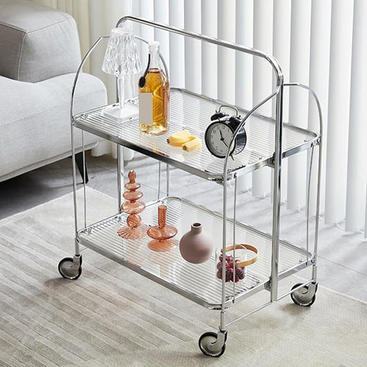 Folding End Table Side Table Glass Movable Coffee Station Table, Metal Coffee Bar Stand Cart with Storage Coffee Table on Wheels,for Home Kitchen, Entryway, Living Room,Dining Room(Silver)