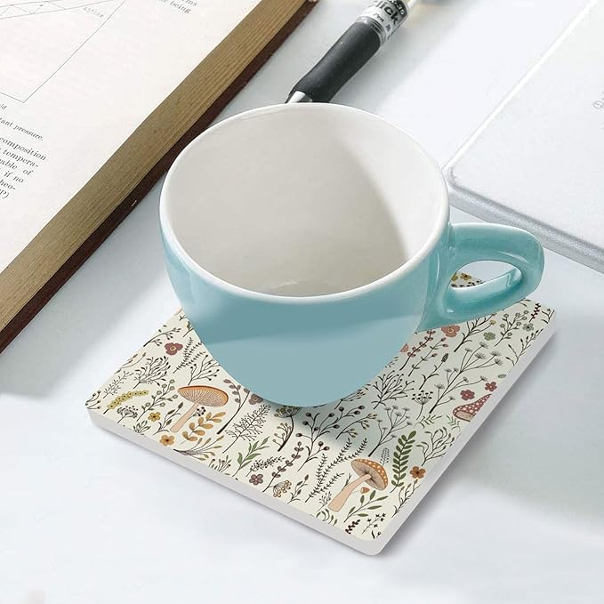 4PCS Botanical Ceramic Coasters, Square Absorbent Drink Coasters, Colorful Mushroom Floral Green Leaves Boho Plants Pattern Botanical Ceramic Table Coasters for Coffee, Beverage, Wine, Beer Coasters