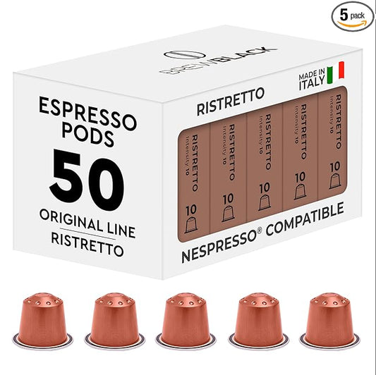 BrewBlack Ristretto Coffee Capsules - 50 Aluminum Coffee Pods Compatible with Nespresso Original line, Medium Roast - Intensity 10/12, Made in Italy