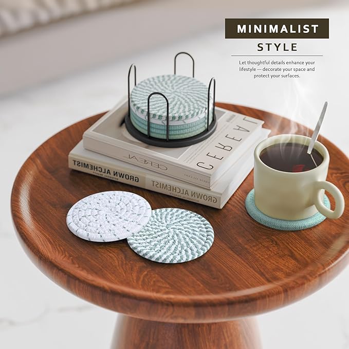 Coasters Set of 8 for Drinks, Beer, Coffee, Cotton Woven 4 Colors Absorbent Coaster with Holder, Boho Coasters for Home Decor Tabletop Protection Suitable for Kinds of Cups