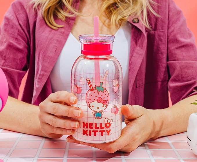 Silver Buffalo Sanrio Hello Kitty Strawberry Milk Grid Glass Milk Bottle with Straw, 15 Ounces