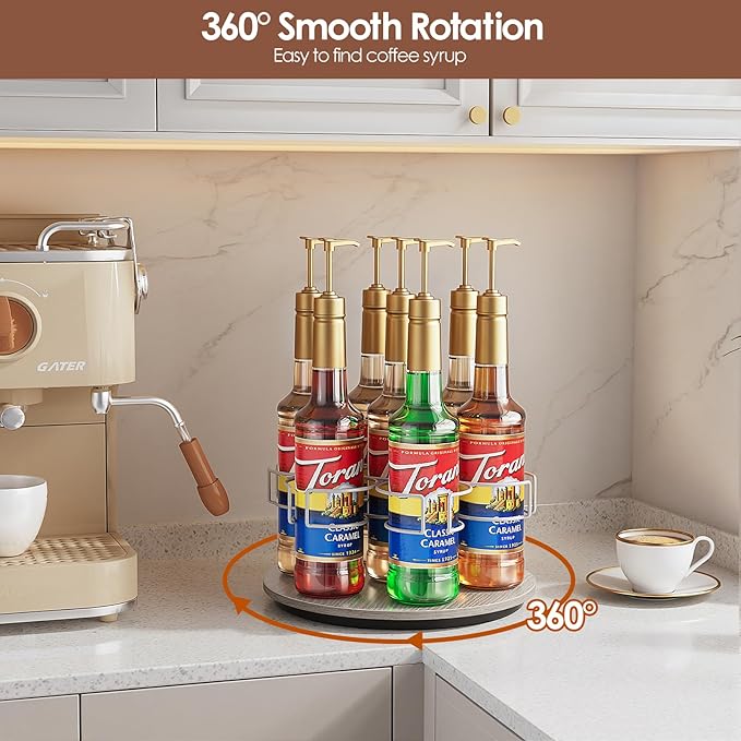 Kssiaz Rotating Coffee Syrup Organizer, 7 Bottles Coffee Syrup Rack for Countertop Syrup Bottle Holder Stand for Coffee Bar Station, Carbon Steel Frame with Wooden Base Coffee Bar Accessory, White