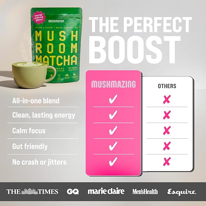 Mushroom Matcha + Lion’s Mane, Ashwagandha, Collagen - Focus, Energy & Immune Support - 30 Servings of Adaptogen Superfood Blend for All Day Coffee Alternative