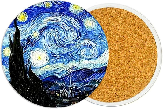 2Pack Van Gogh Ceramic Coasters Absorbent Coasters for Drinks with Cork Base,Coaster for Table Office Desk Decor Coffee Cup Wine Beer Bar Cup Mat 3.9 Inch,Van Gogh Gifts for Women,Men,Dad