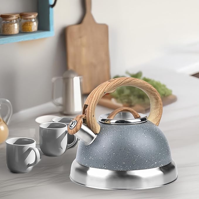 3 Quart Whistling Tea Kettle for Stovetop – Stainless Steel Teapot with Loud Whistle, Cool-Touch Wood Handle, Rust-Resistant Base & Natural Stone Finish (Gray)