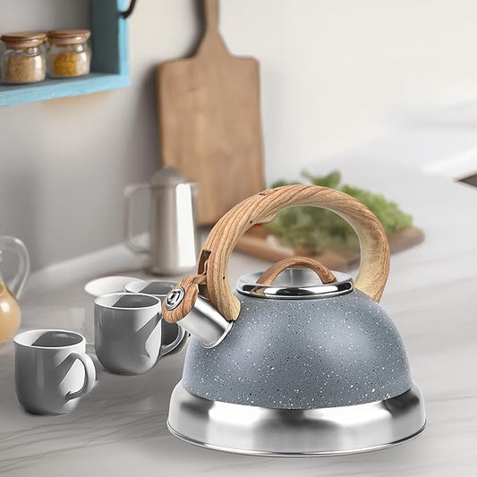 3 Quart Whistling Tea Kettle for Stovetop – Stainless Steel Teapot with Loud Whistle, Cool-Touch Wood Handle, Rust-Resistant Base & Natural Stone Finish (Gray)
