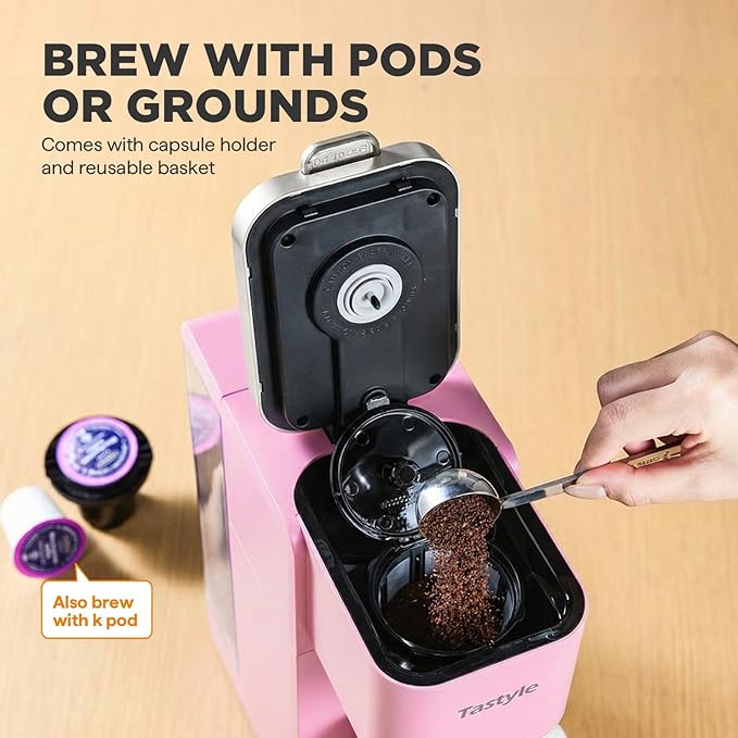 Tastyle Single Serve Coffee Maker, Iced and Hot Coffee Machine for K Cup & Grounds, Compact Design, 40oz Removable Water Reservoir, 6 to 24 Oz Brew Sizes, Fits 7.3" Travel Mug, Pink