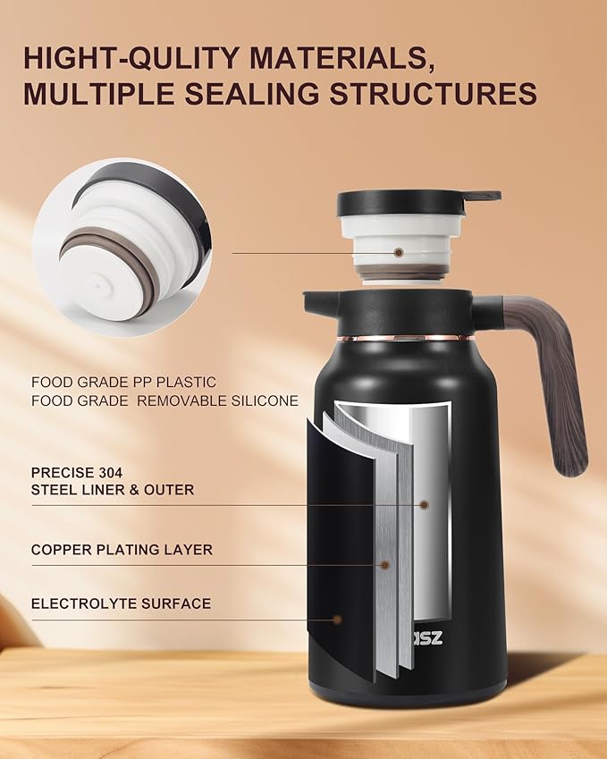 Thermal Coffee Carafe 70 oz - 36 Hour Hot Stainless Steel Carafes for Hot Liquids-Insulated Coffee Carafes For Keeping Hot/Cold Coffee, Tea, Water,Milk, Creamer Dispenser for Coffee Bar(Black)
