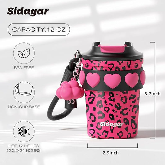 12 oz Travel Coffee Mug Spill Proof Leak Proof, Stainless Steel Thermal Coffee Cup with Lid, Resuable Cup for Hot and Cold, Portable Tumbler for Women, Pink Leopard