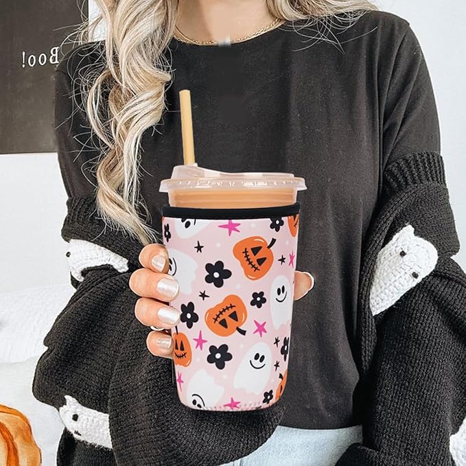 Reusable Insulated Neoprene Iced Coffee Cup Sleeve, Durable Drink Sleeve for Cold Beverages, Beverage Holder for Iced Coffee, Hello Pumpkin
