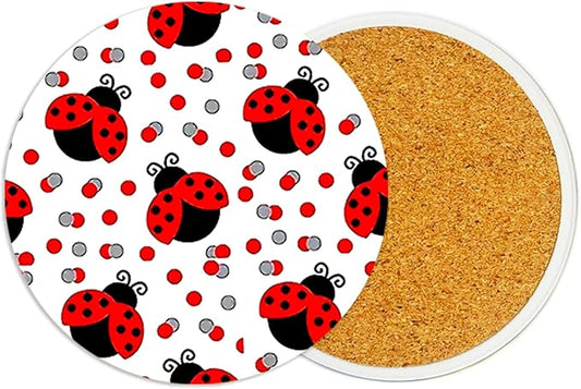 2Pack Ladybug Ceramic Coasters Absorbent Coasters for Drinks with Cork Base,Coaster for Table Office Desk Decor Coffee Cup Wine Beer Bar Cup Mat 3.9 Inch,Ladybug Gifts for Women,Men,Dad