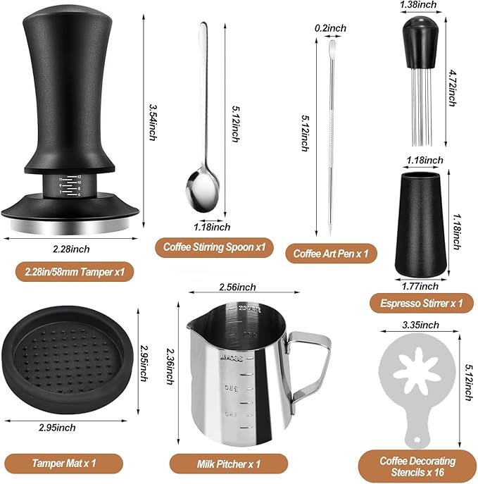Espresso Tamper Set with Milk Pitcher, Coffee Art Pen, Stirring Spoon, Tamper Mat & 16 Stencils - Barista Tools Kit for Latte Art & Espresso Making (7 SET)