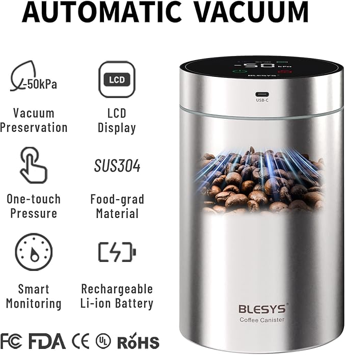 Smart Vacuum Coffee Canister, Automatic Stainless Steel Food Storage Container, LCD Monitoring, One-touch Freshness, Date Tracker, Extra-long Standby Time, holds 11oz Coffee Beans (Silver, 0.9L)