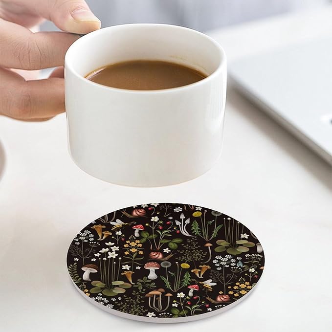 Round-4PCS Botanical Drink Coasters, Round Modern Ceramic Absorbent Coasters, Cartoon Mushroom Floral Plants Pattern Botanical Decor Desk Coffee Table Coaster for Beverage Cup Tea Coasters