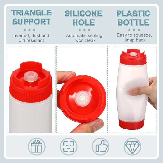 Didaey 4 Pcs Squeeze Bottles Refillable 20 oz, Inverted Plastic Tip Large Valve Dispenser Condiment Squeeze Bottle for Sauces Ketchup Sour Cream Self Sealing Syrup Dispenser for Restaurants (Red)
