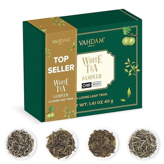 VAHDAM, Assorted White Tea Sampler Gift Set, Gluten Free, Non GMO - 4 Unblended White Loose Leaf Tea Sampler | Tea Variety Pack | Valentines Day Gifts Set for Him & Her