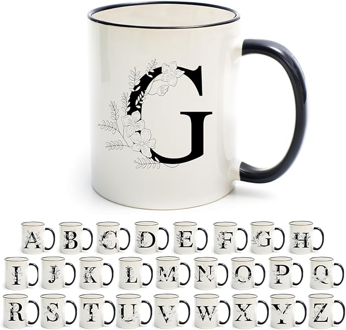 Monogram Ceramic Coffee Mugs, 11 oz Initial Drinking Cup with Gift Box, Unique Birthday Valentines Day Gifts for Women Wife Mothers Day Grandma Mom Aunt, G