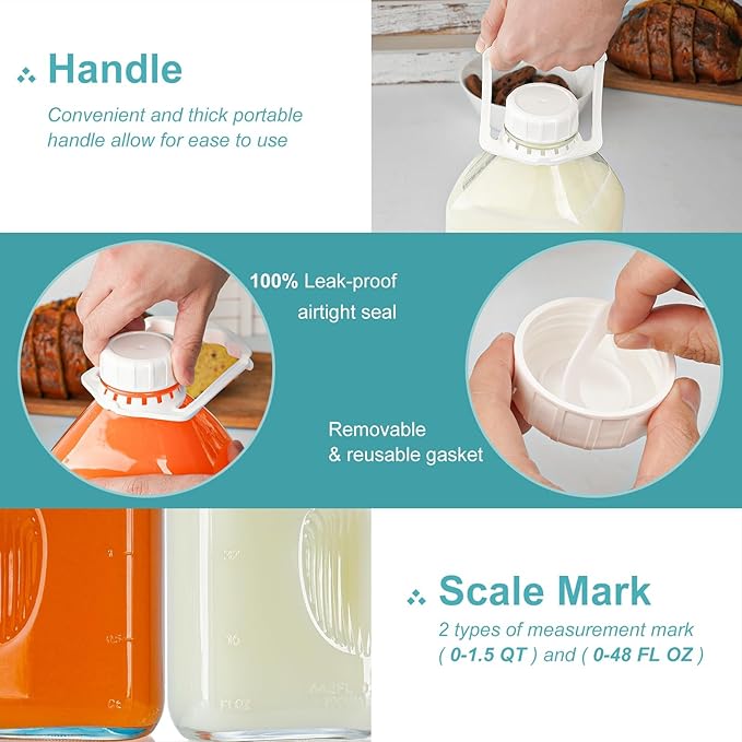 64 Oz Heavy Duty Glass Milk Bottle with Reusable Airtight Strong SCREW LID - 1/2 Gallon Water Bottles with Scale Lines - 2 Qt Glass Milk Jug Pitcher - Extra Gaskets & Handle!