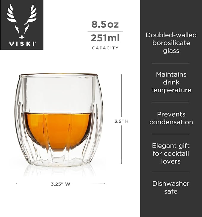 Viski Double-Walled Spirits Glasses, Insulated Liquor Tumblers with Cut Crystal Design, Dishwasher Safe 8.5 Oz, Clear, Set of 2