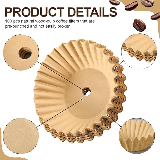 Feifeiya 100 Pcs Pre-punched Holes Coffee Filters for 30cup 45cup 100 Cup Coffee Urn Brewing Basket & Hot Beverage Dispenser Disposable Natural Wood Pulp Paper Filters with Tall-sided Design(Brown)