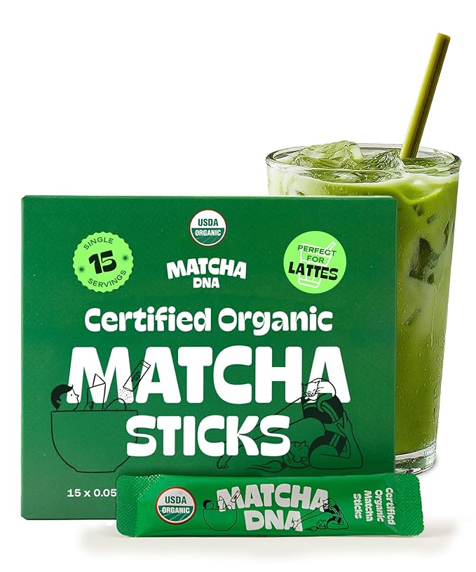 MatchaDNA Organic Matcha Powder Sticks x15 Pack (1.5g Each) – Instant Organic Matcha – Macha Green Tea Blend Unsweetened – Macha Powder Tea for Lattes, Drinks, Smoothies, Recipes, Healthy Beverage