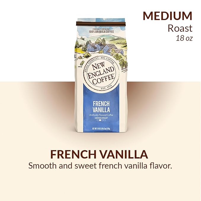 New England Coffee French Vanilla Medium Roast Ground Coffee, 18oz Bag (Pack of 4)