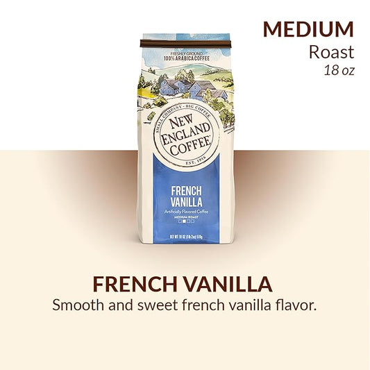 New England Coffee French Vanilla Medium Roast Ground Coffee, 18oz Bag (Pack of 4)